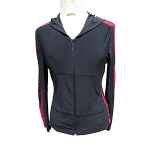 Norma Kamali Timeless Black Red Hooded Jacket Womens S Full Zip Pockets Athletic